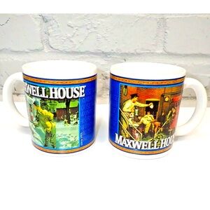 Maxwell House Coffee Mugs Cups Ceramic 1949 1951 Rockwell Snow Shoveling Fireman